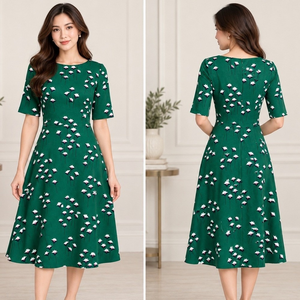 NWT Boden Midi Dress Sz 2R Forest Crocus Spray Green Floral Preppy Cottagecore